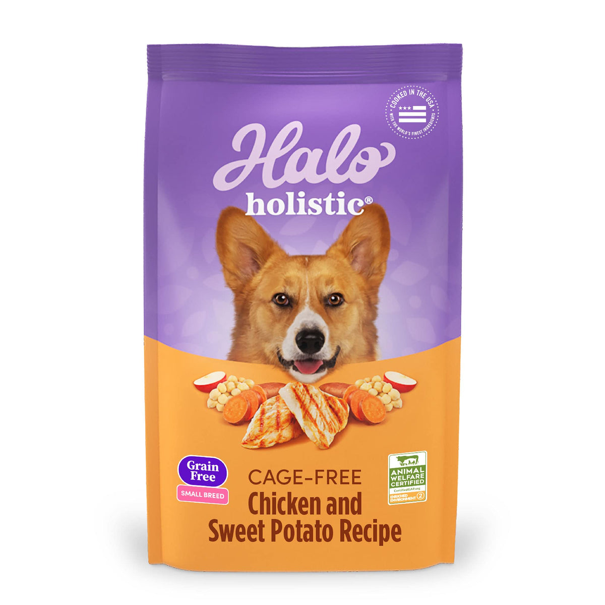 Halo Holistic small-breed dog food bag highlights 10 lb size for easy feeding.