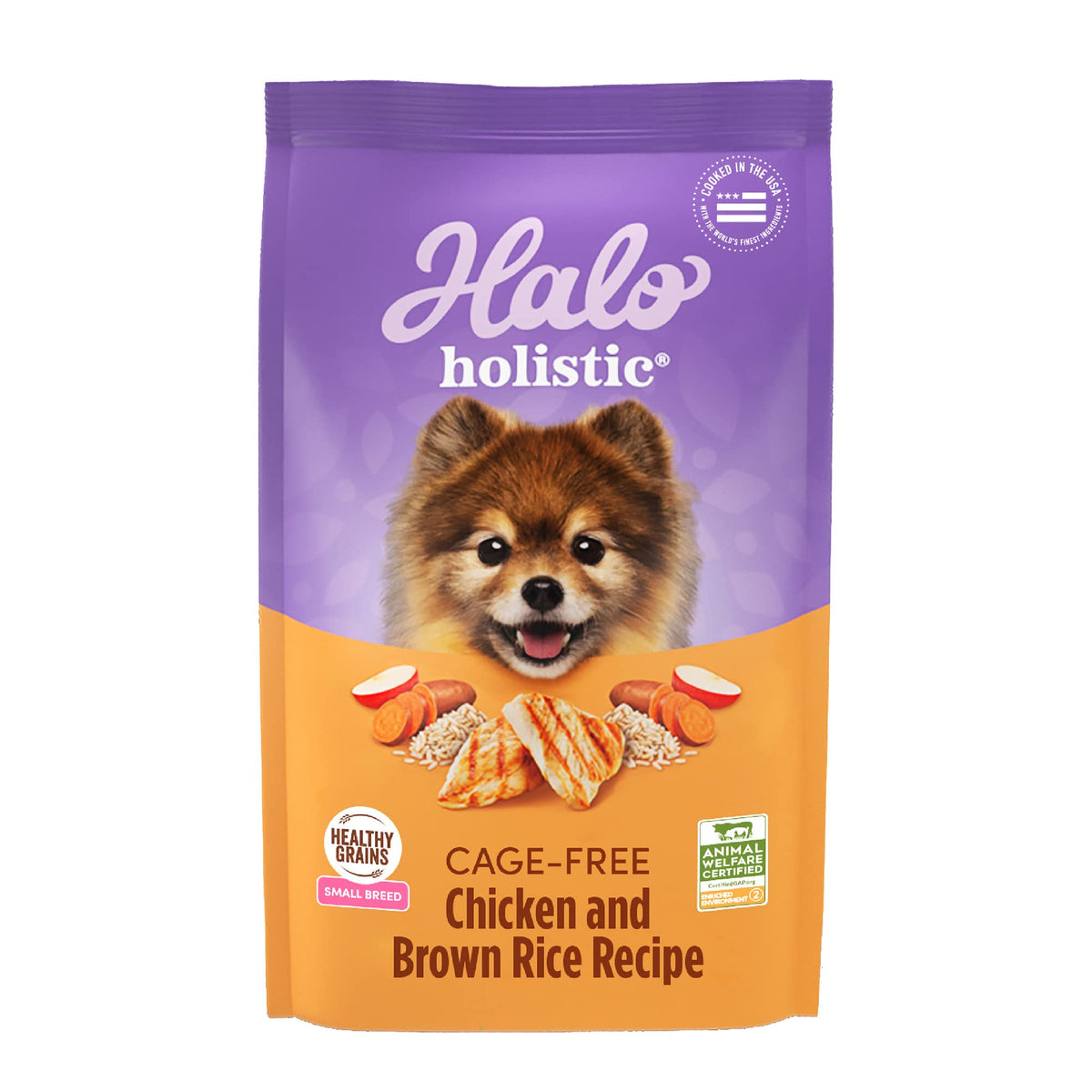 Halo Holistic small breed dry food with cage-free chicken as the first ingredient.