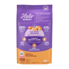 Halo Holistic dog food highlights small kibble and digestive-friendly formula.