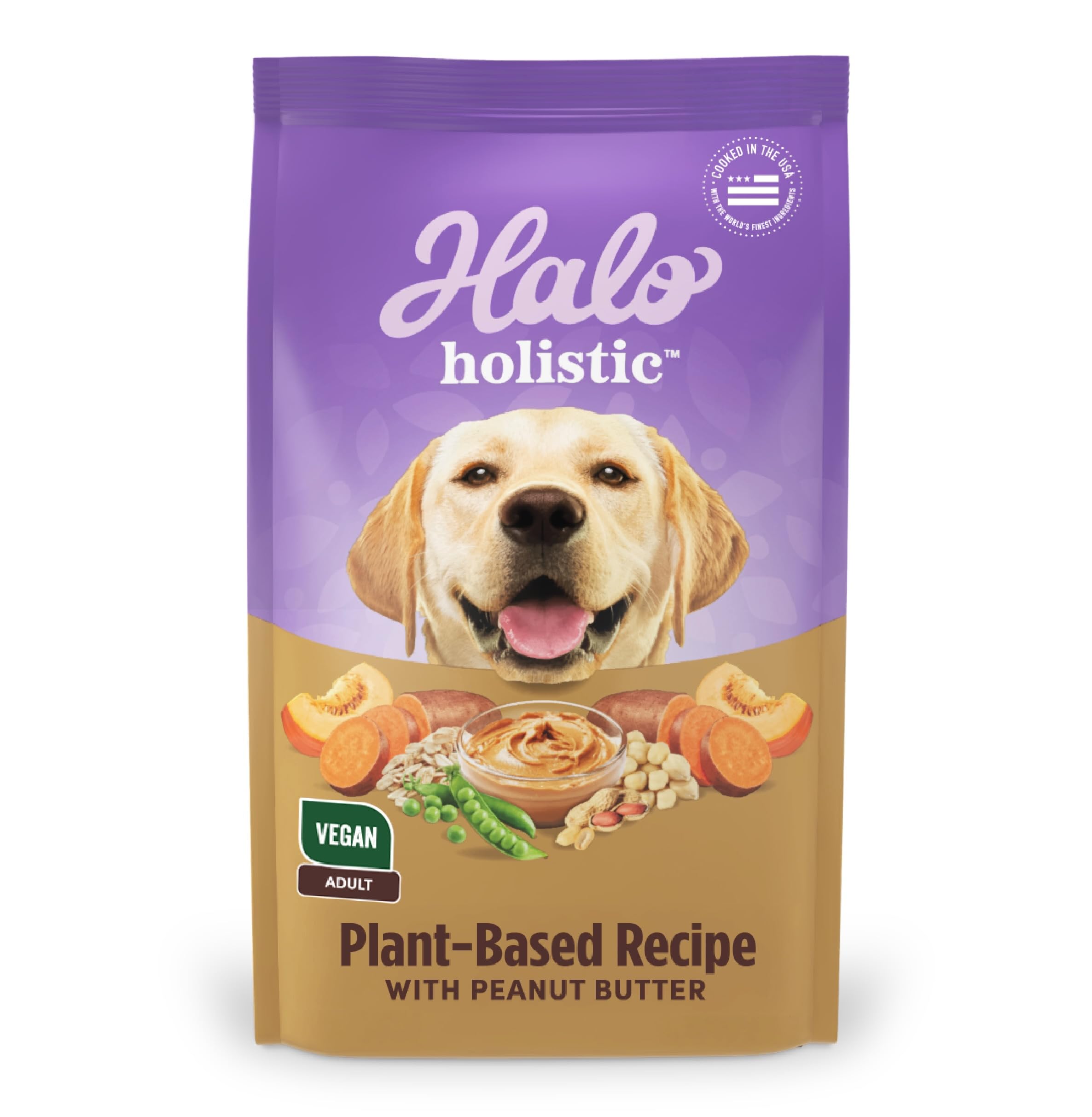 Halo Holistic Vegan Dog Food bag showing plant-based kibble for adult dogs supporting digestion
