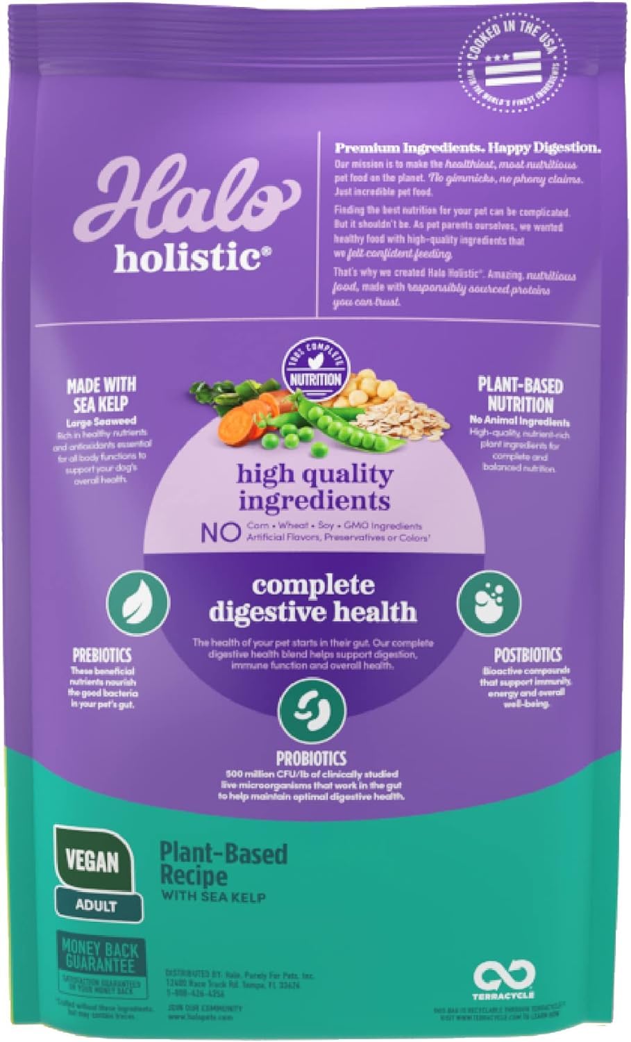 Halo holistic vegan dog food ingredients spread, highlighting non-GMO, corn-free formula for sensitive dogs.