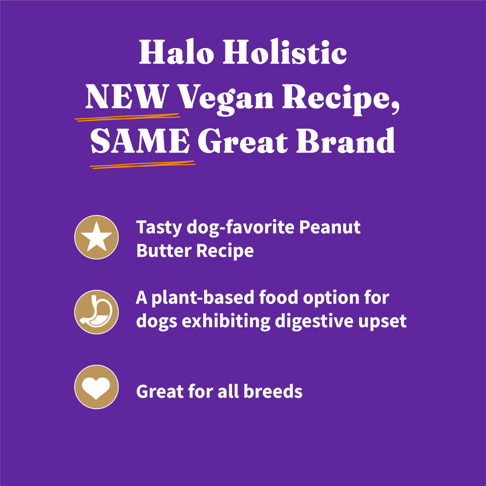 Halo Vegan Dog Food ingredient list emphasizing plant-based proteins