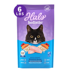 Halo Holistic cat food shows whitefish as the first ingredient for balanced nutrition.