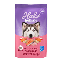 Halo Holistic dog food bag featuring wild-caught salmon and whitefish for digestive health