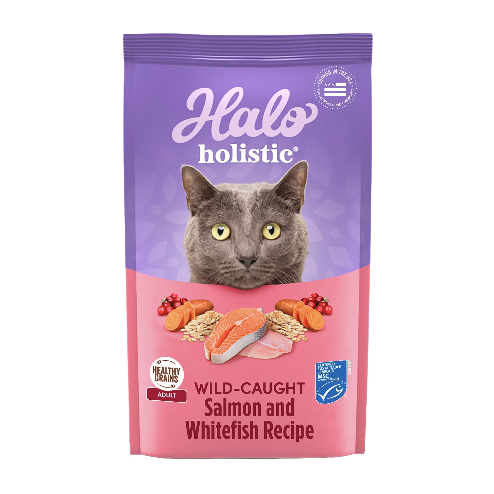 Halo Holistic Wild Salmon and Whitefish dry cat food bag showing real protein for adult cats