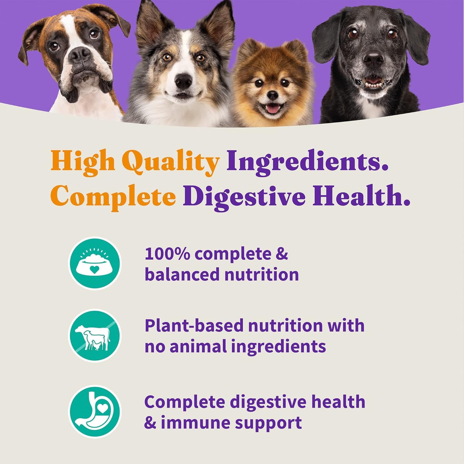 Halo vegan dog food features prebiotics, probiotics, and postbiotics for digestive support.