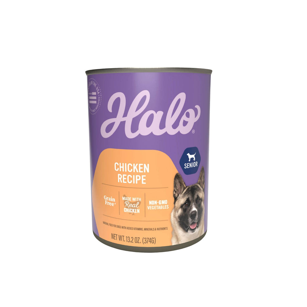 Halo Senior wet dog food six-can-pack pictured for a convenient dinner option