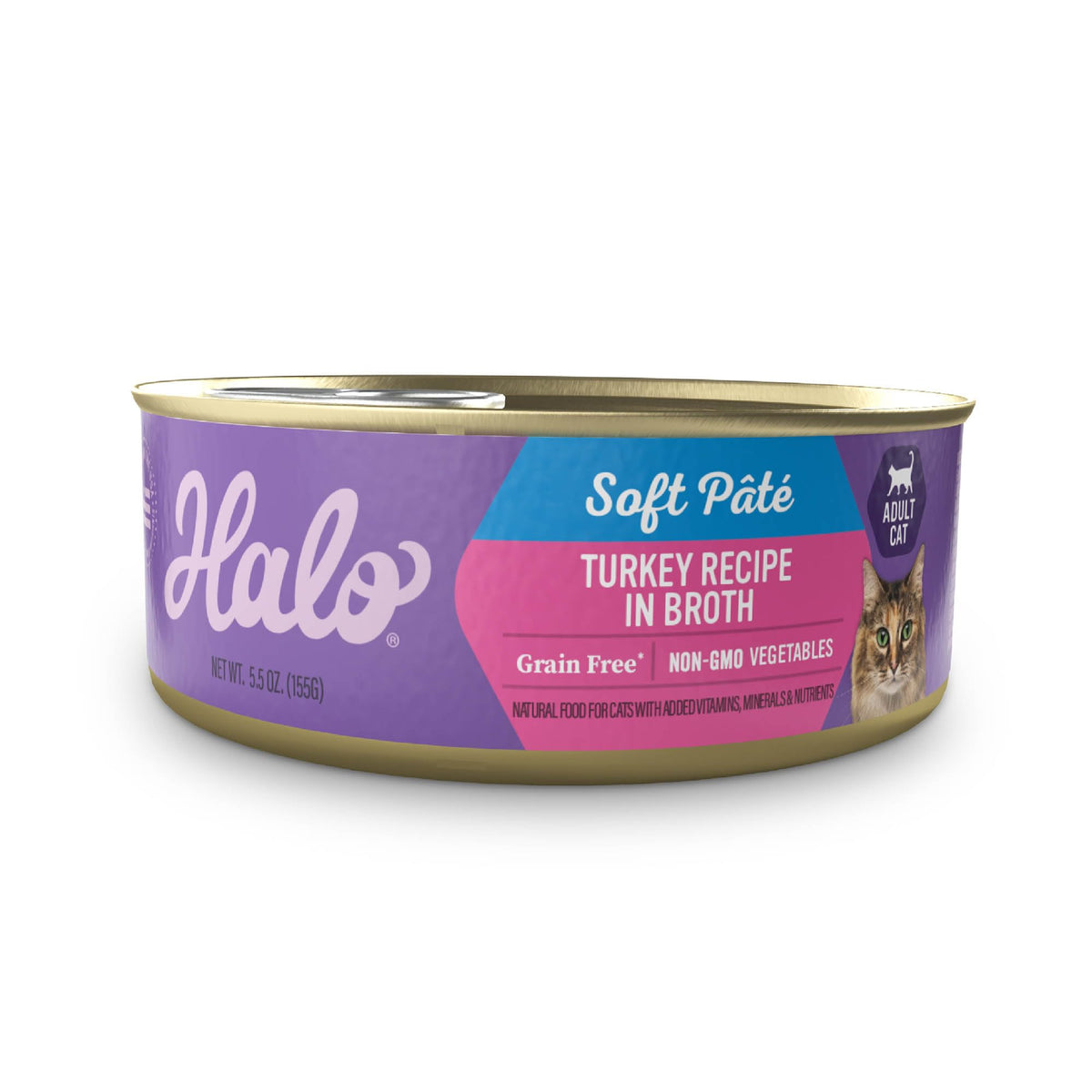 Halo Spots Stew turkey cat food can front with real turkey as first ingredient