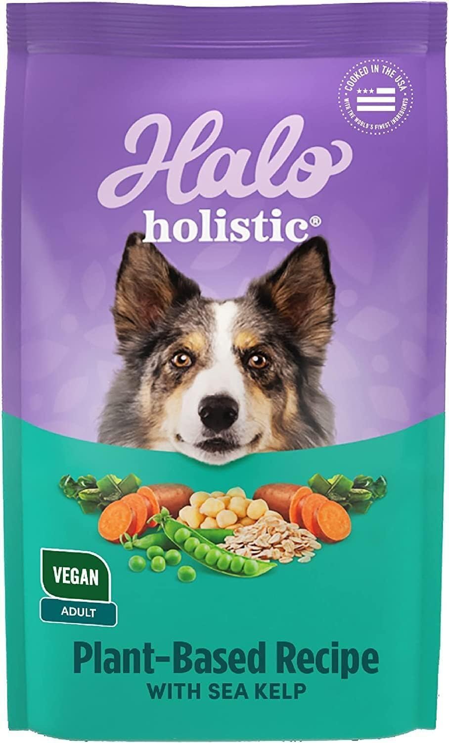 Halo vegan dog food kibble closeup illustrating balanced plant-based nutrition for adults