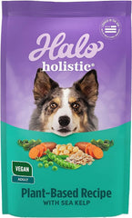 Halo vegan dog food kibble closeup illustrating balanced plant-based nutrition for adults