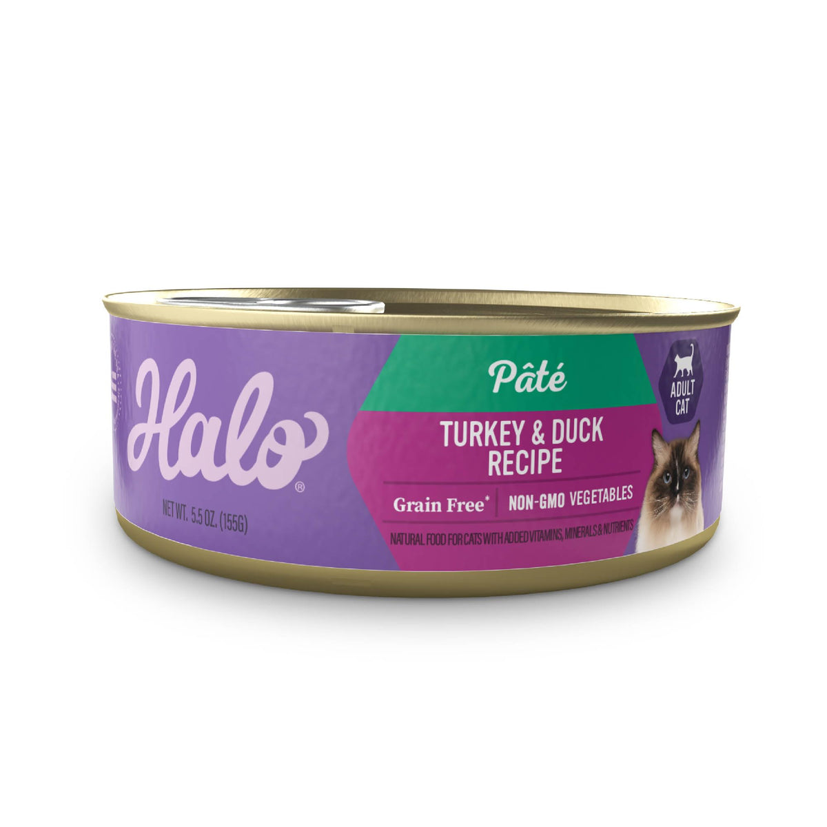 Halo wet cat food turkey-duck pate front can with smooth texture for indoor cats.