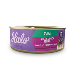 Halo wet cat food turkey-duck pate front can with smooth texture for indoor cats.