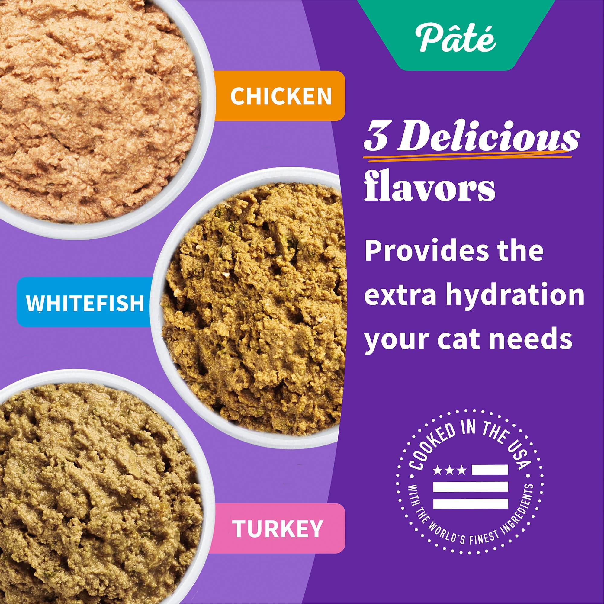 Halo wet cat food variety pack texture closeup shows smooth pate and veggies