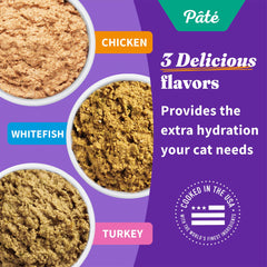 Halo wet cat food variety pack texture closeup shows smooth pate and veggies