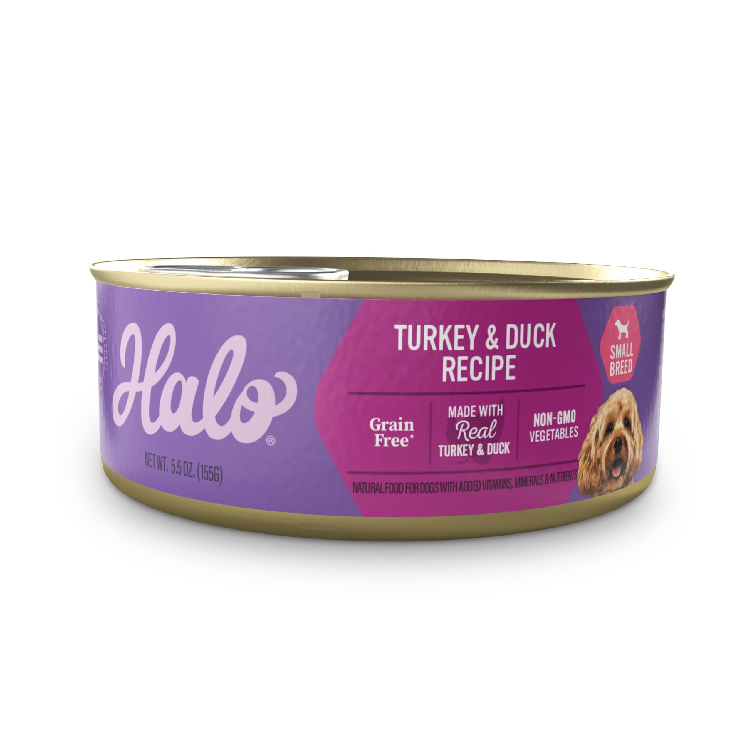 Halo small-breed wet dog food pack shot with turkey and duck formula in a 12-pack