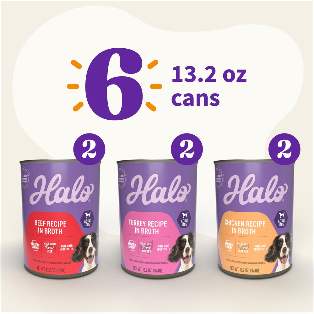Halo variety pack can on shelf showing variety of whole meat stews