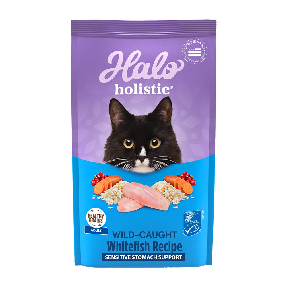 Halo Wild-Caught Whitefish Formula bag showing real whitefish first ingredient for adult cats