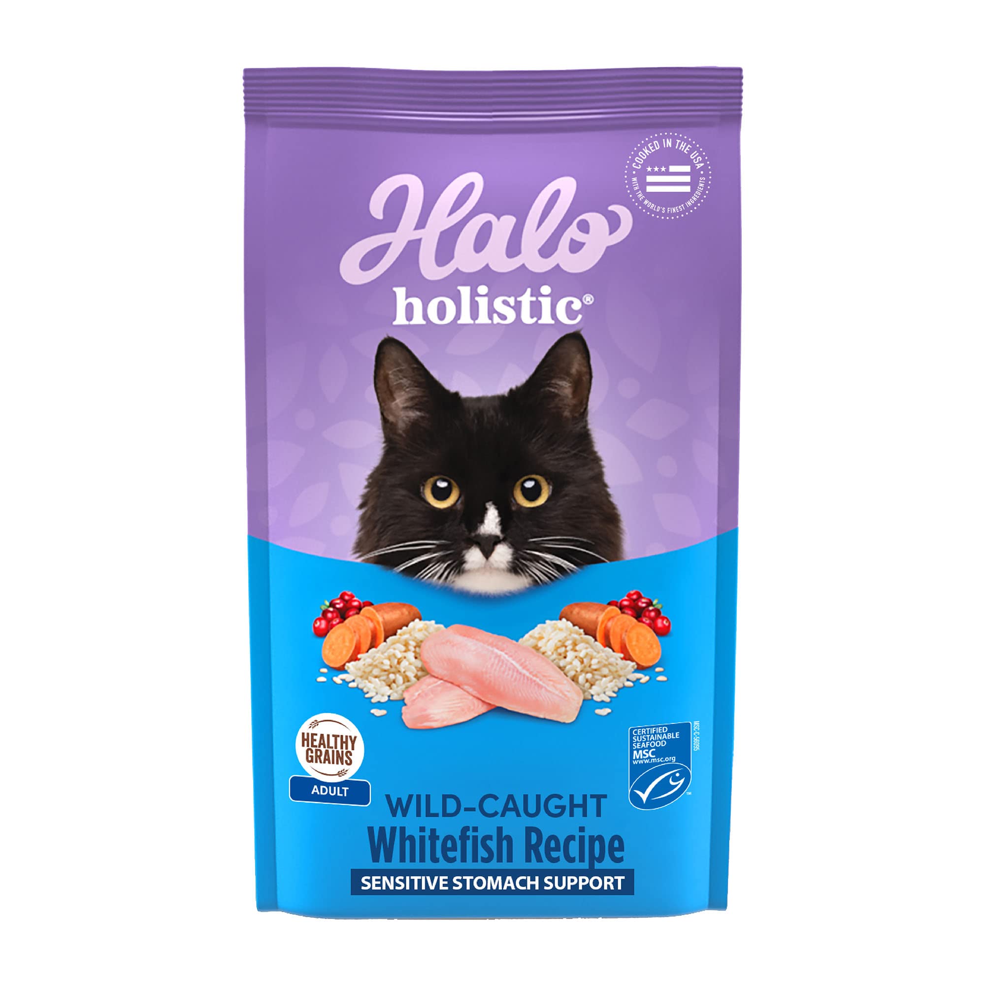 Halo Wildfish Recipe kibble bag shows real whitefish first ingredient for sensitive-stomach support