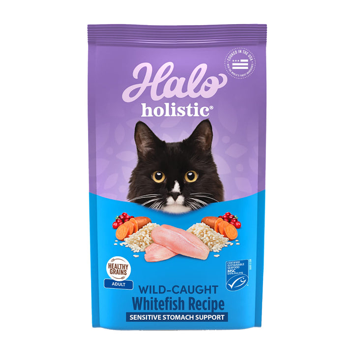 Halo Wildfish Recipe kibble bag shows real whitefish first ingredient for sensitive-stomach support