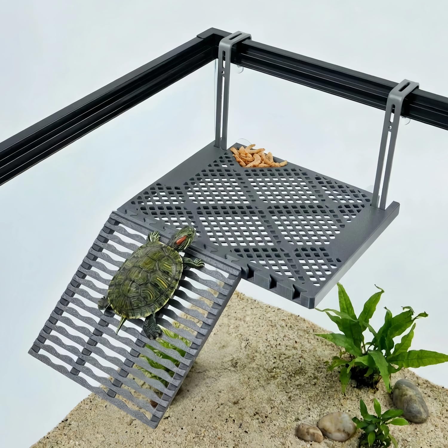 Halomyyth SolidForm hanging turtle platform with built-in food tray for mess-free feeding.
