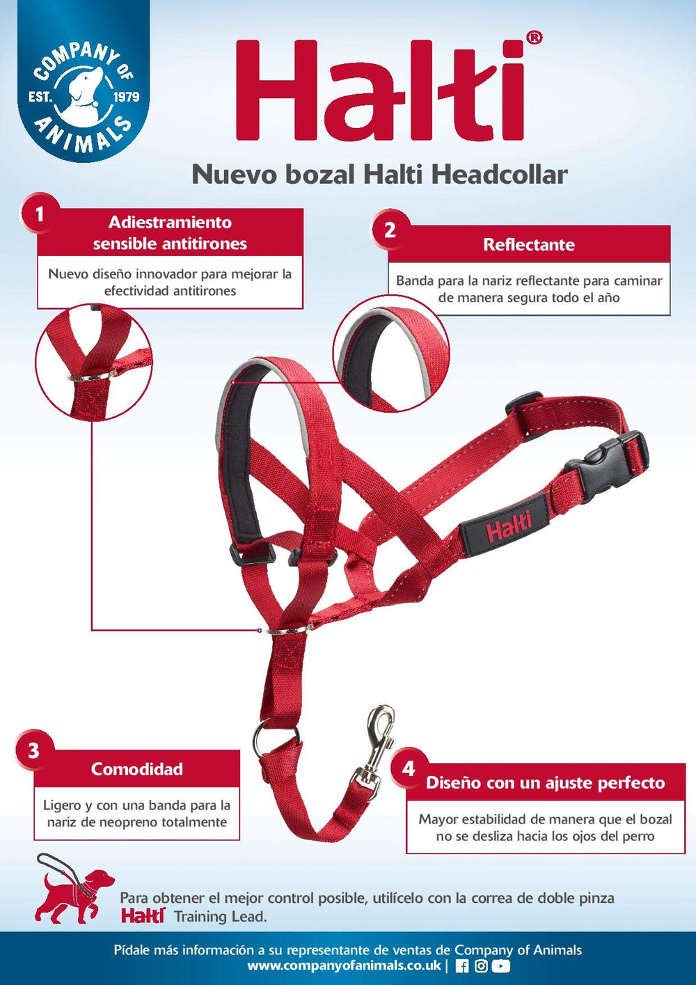 Halti Headcollar with double-clip leash enables better control.