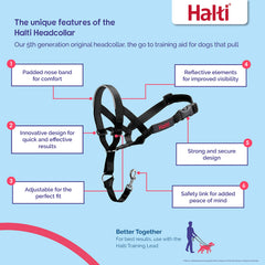 Halti Headcollar padded nose band highlights gentle, comfortable wear during walks.