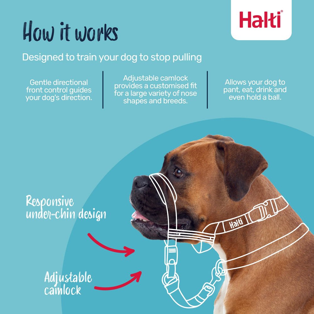 Halti OptiFit headcollar with adjustable fit and camlock for secure sizing.
