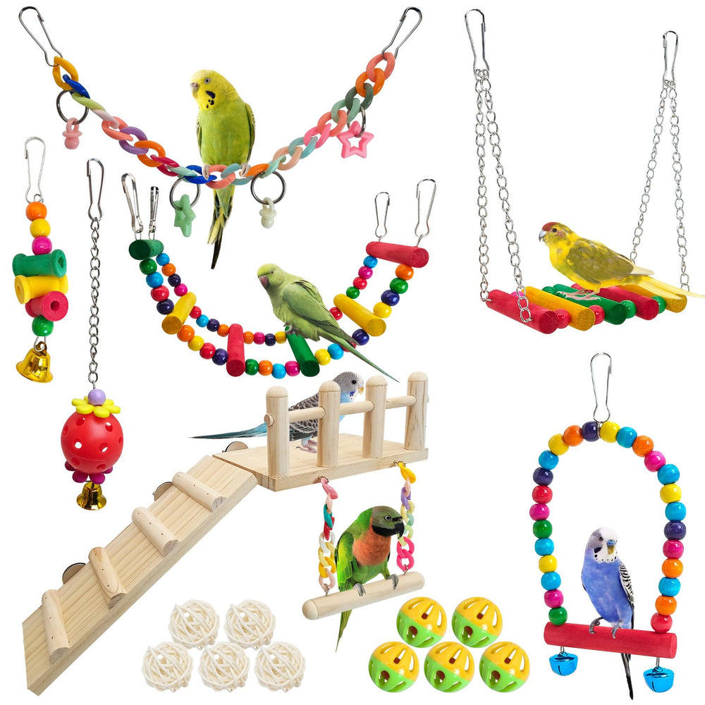 Hamiledyi 17Pcs parrot swing toys set with perches and ladder for climbing enrichment