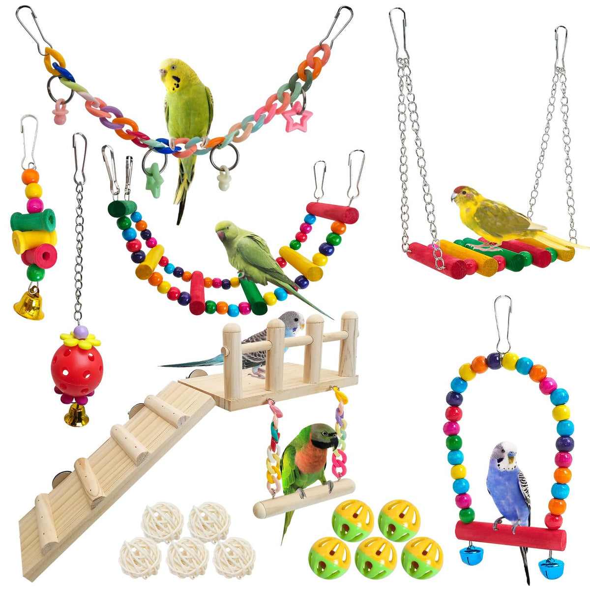 Hamiledyi 17Pcs parrot swing toys set with perches and ladder for climbing enrichment