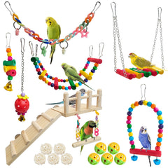 Hamiledyi 17Pcs parrot swing toys set with perches and ladder for climbing enrichment