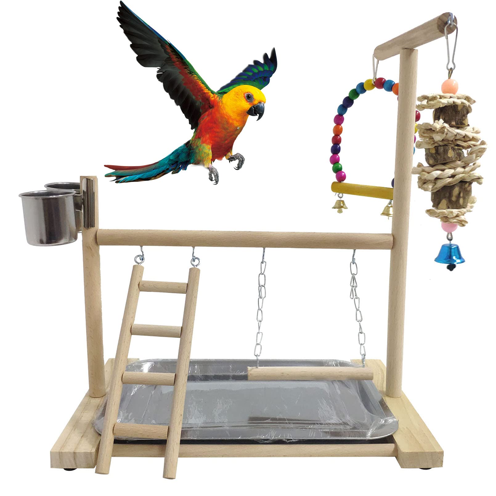 Hamiledyi wooden playstand assembly offers a sturdy perch for small to mid-sized birds.