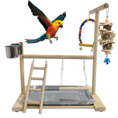 Hamiledyi wooden playstand assembly offers a sturdy perch for small to mid-sized birds.