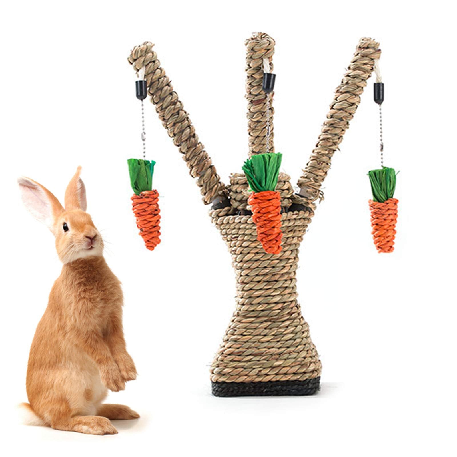Hamiledyi pet rabbit tree toy assembly showcases a sturdy setup for safe bunny exploration.