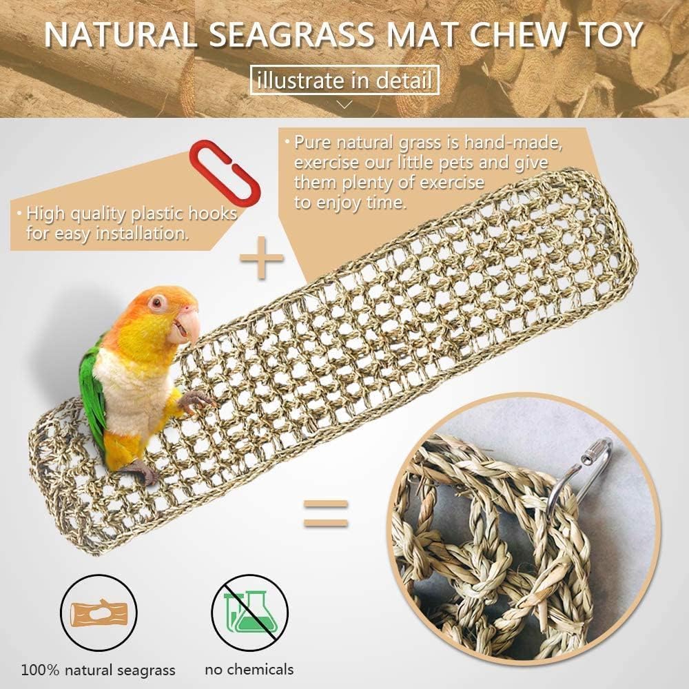 Hamiledyi seagrass mat climbing net provides safe exercise and balance for parrots.