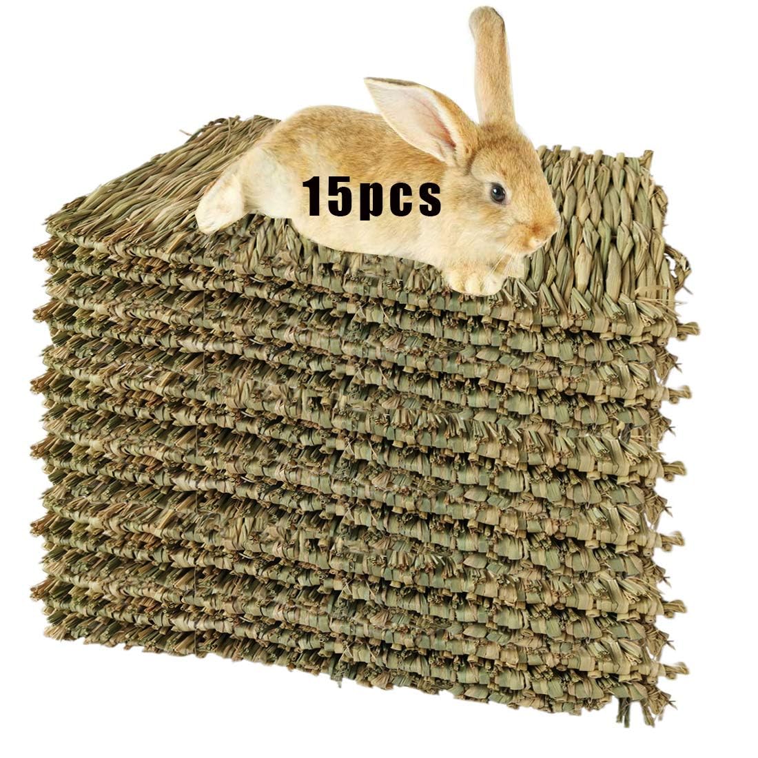 Hamiledyi woven bed mat for rabbits inside a cage provides a soft, chew-friendly surface.