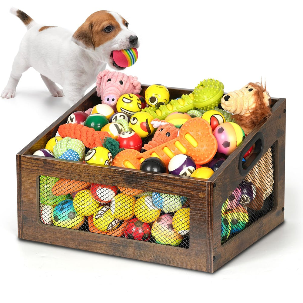 handrong dog toy basket front view highlights easy-access design for dogs.