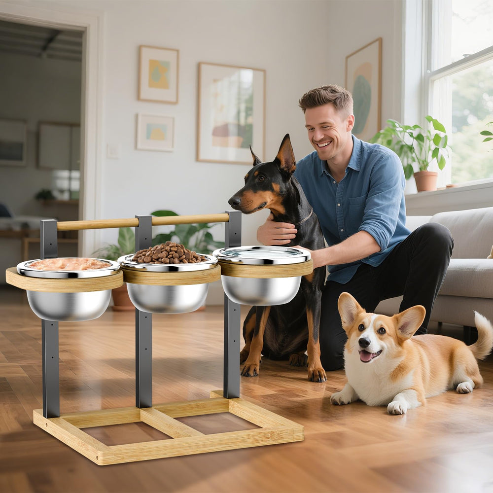 Handrong triple-bowl stand features three included stainless bowls