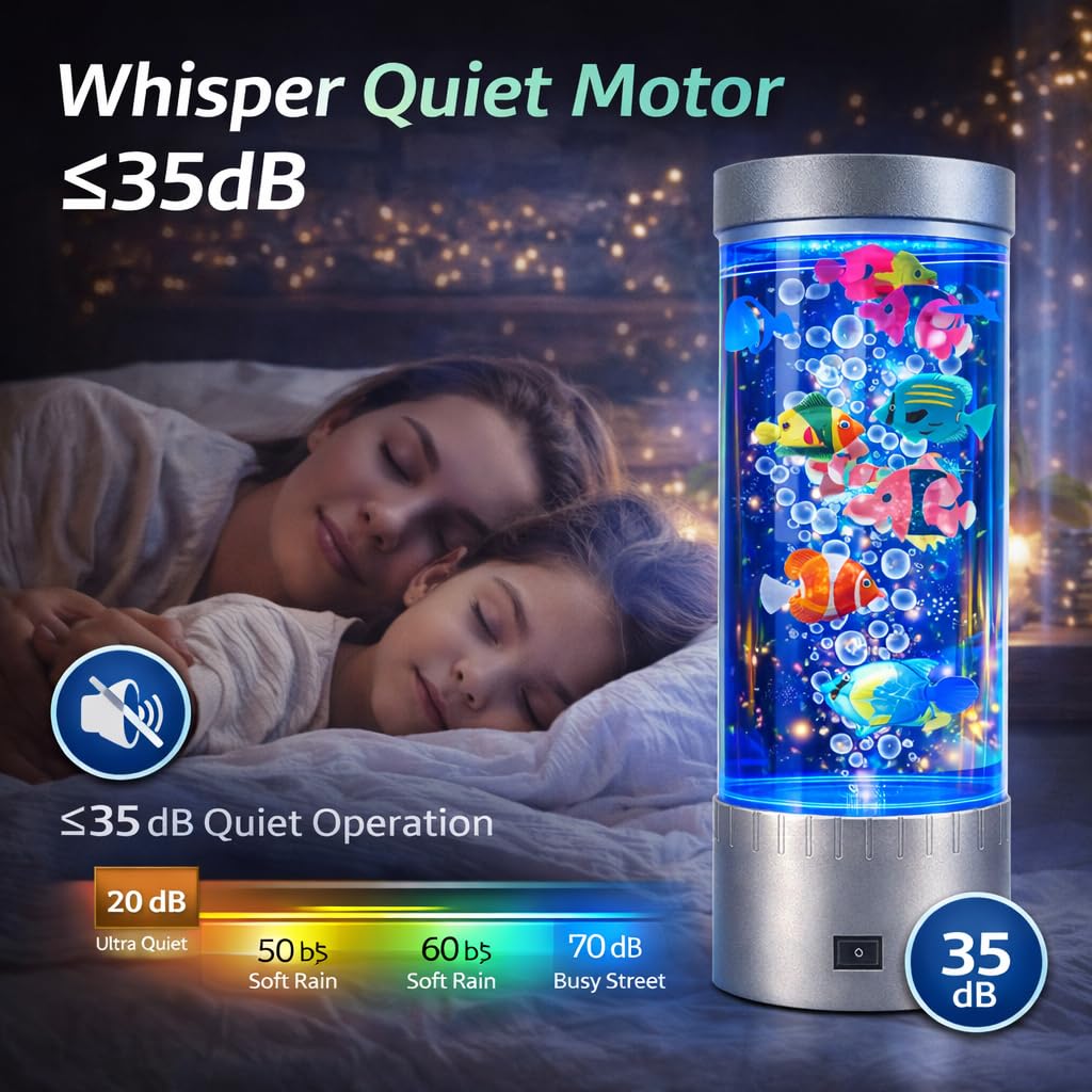 Transparent cylindrical tank displays floating fish with gentle LED illumination.