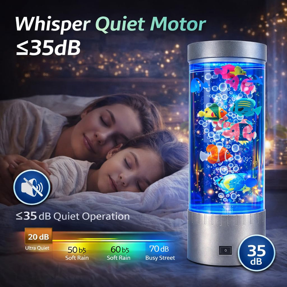 Transparent cylindrical tank displays floating fish with gentle LED illumination.