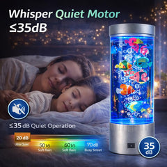 Transparent cylindrical tank displays floating fish with gentle LED illumination.