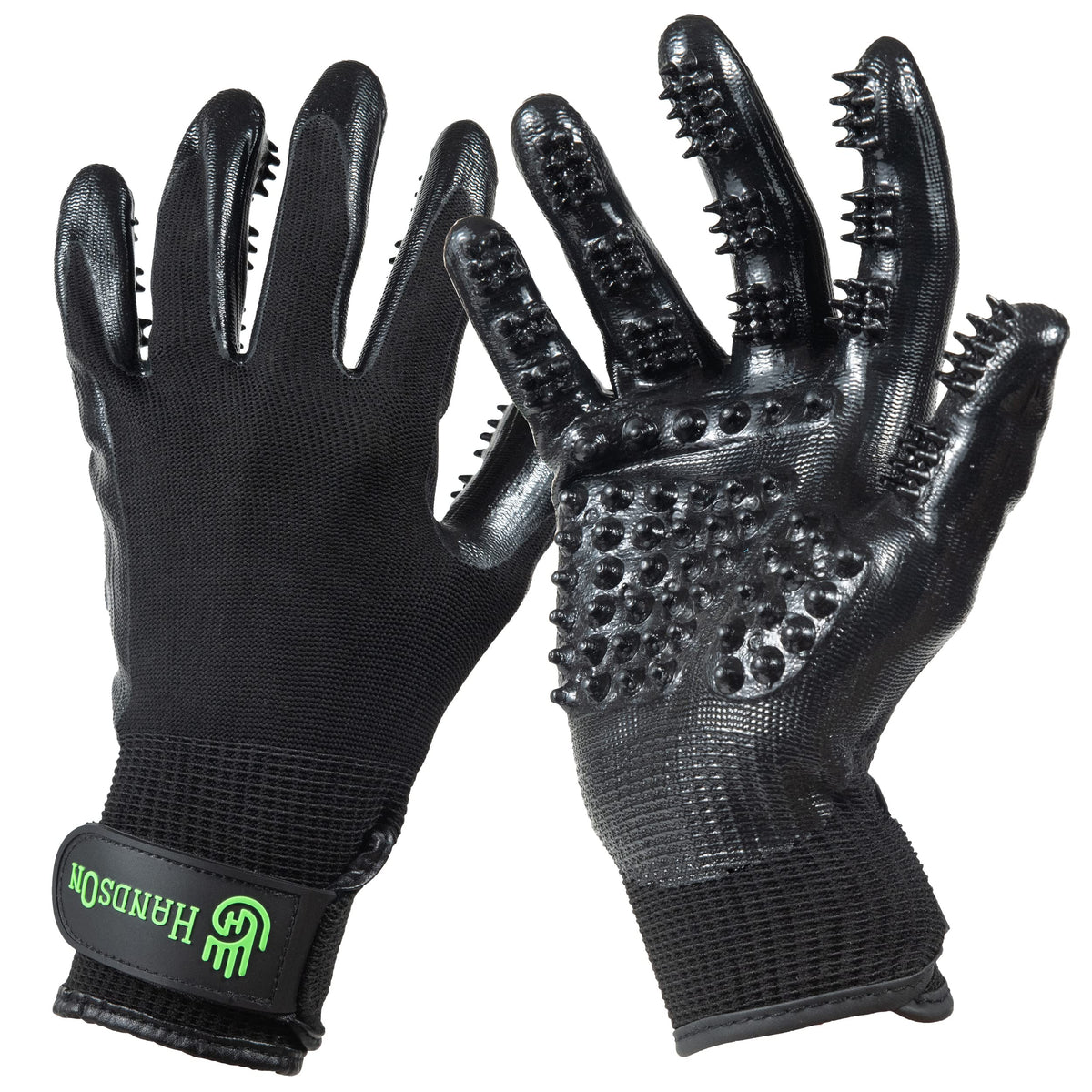 H HANDSON grooming glove front view removes loose fur with gentle bristles.