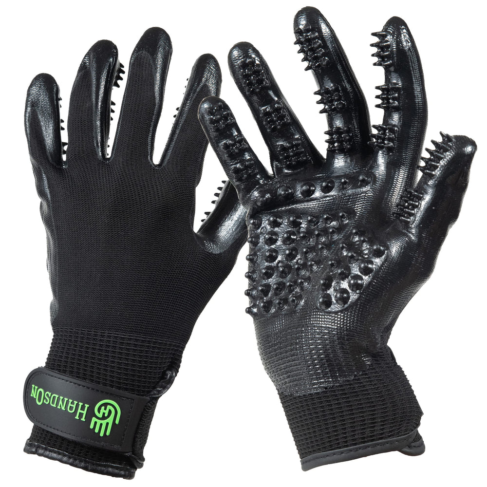 H HANDSON Pet Grooming Gloves packaging highlights patent design for easy shedding management.