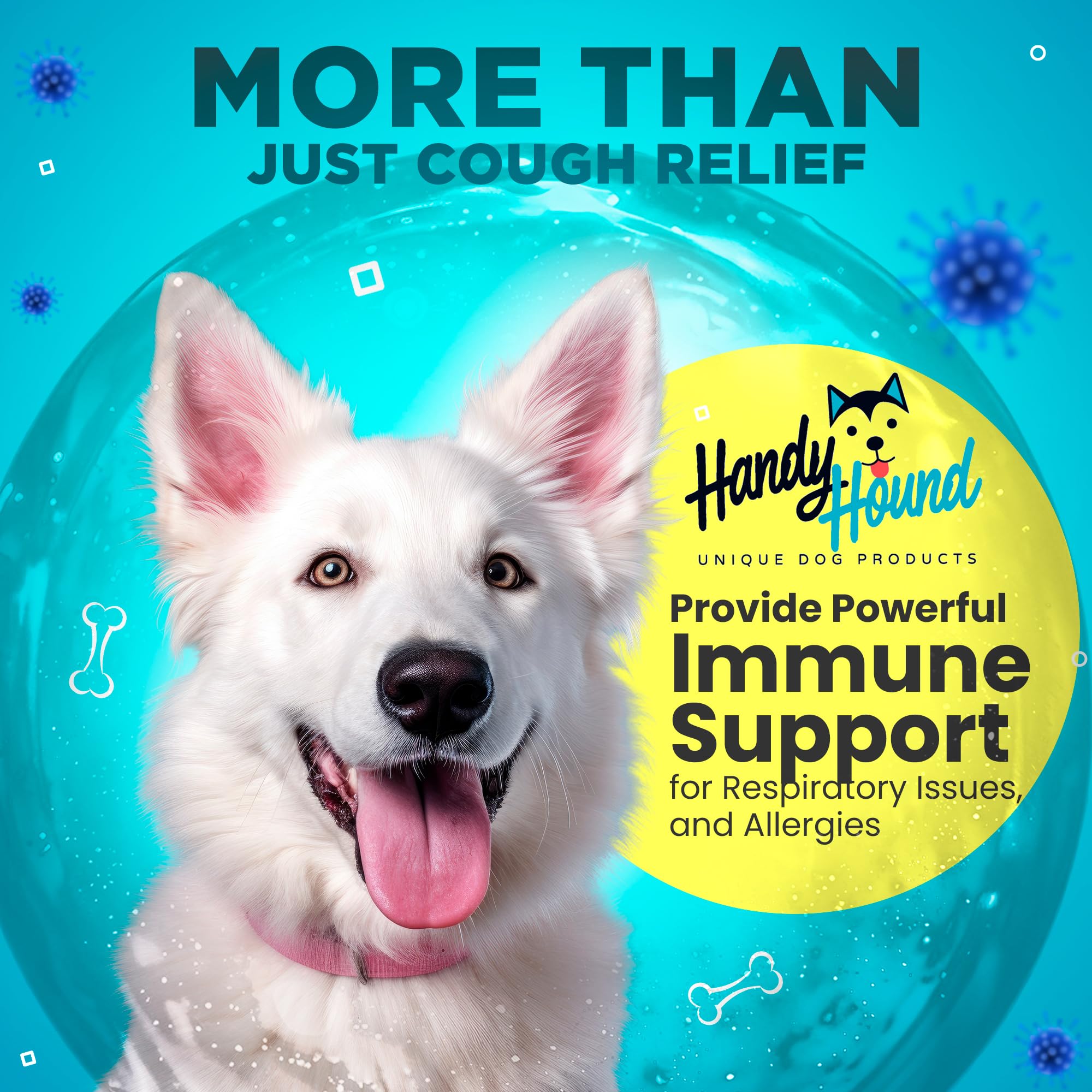 Handy Hound bottle and label emphasizing multi-symptom respiratory support