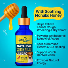 Handy Hound Manuka honey dog syrup highlighting soothing properties for irritated throats