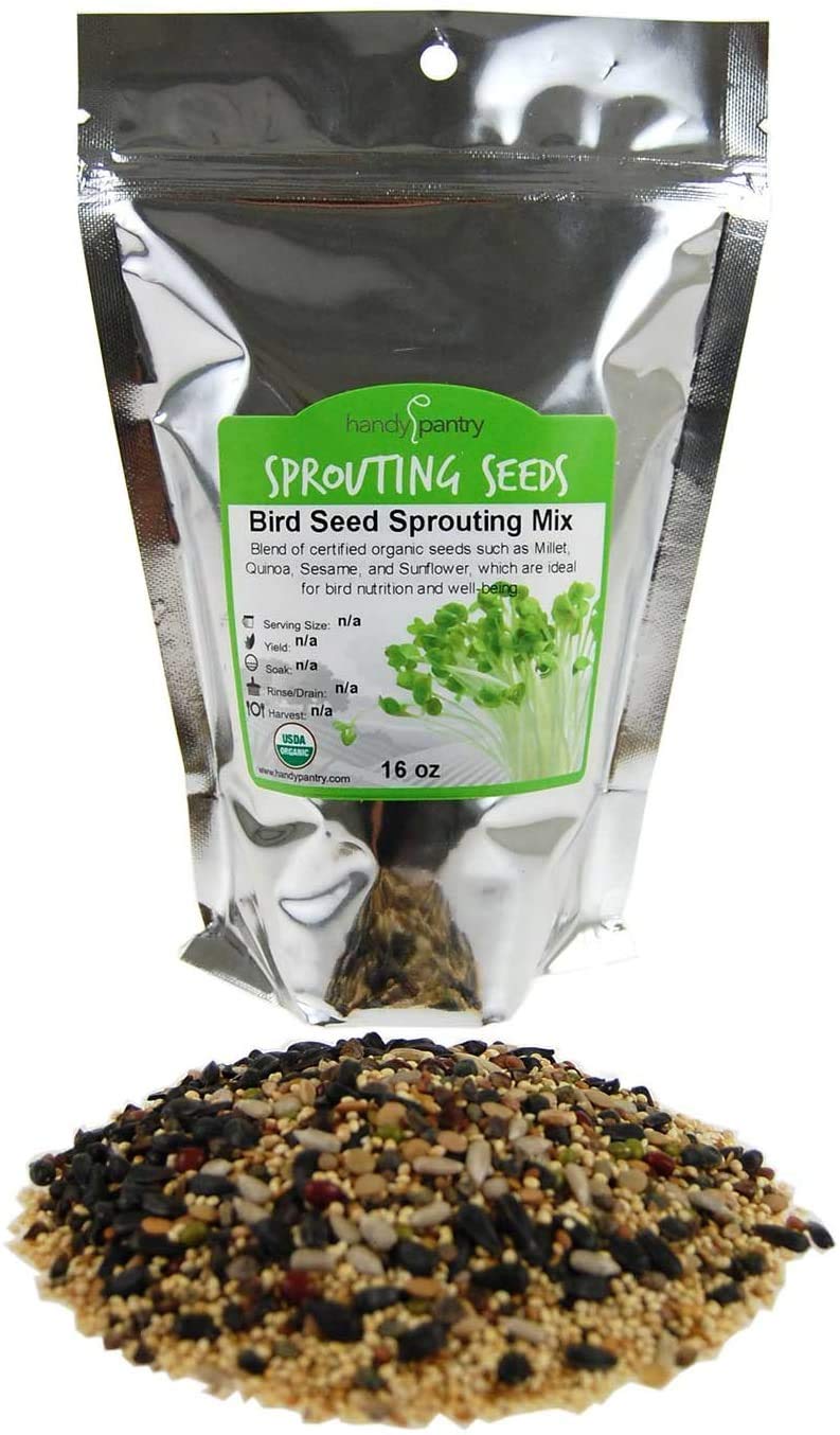 Handy Pantry Organic Birdseed bag close-up for sprouting and feeding birds.