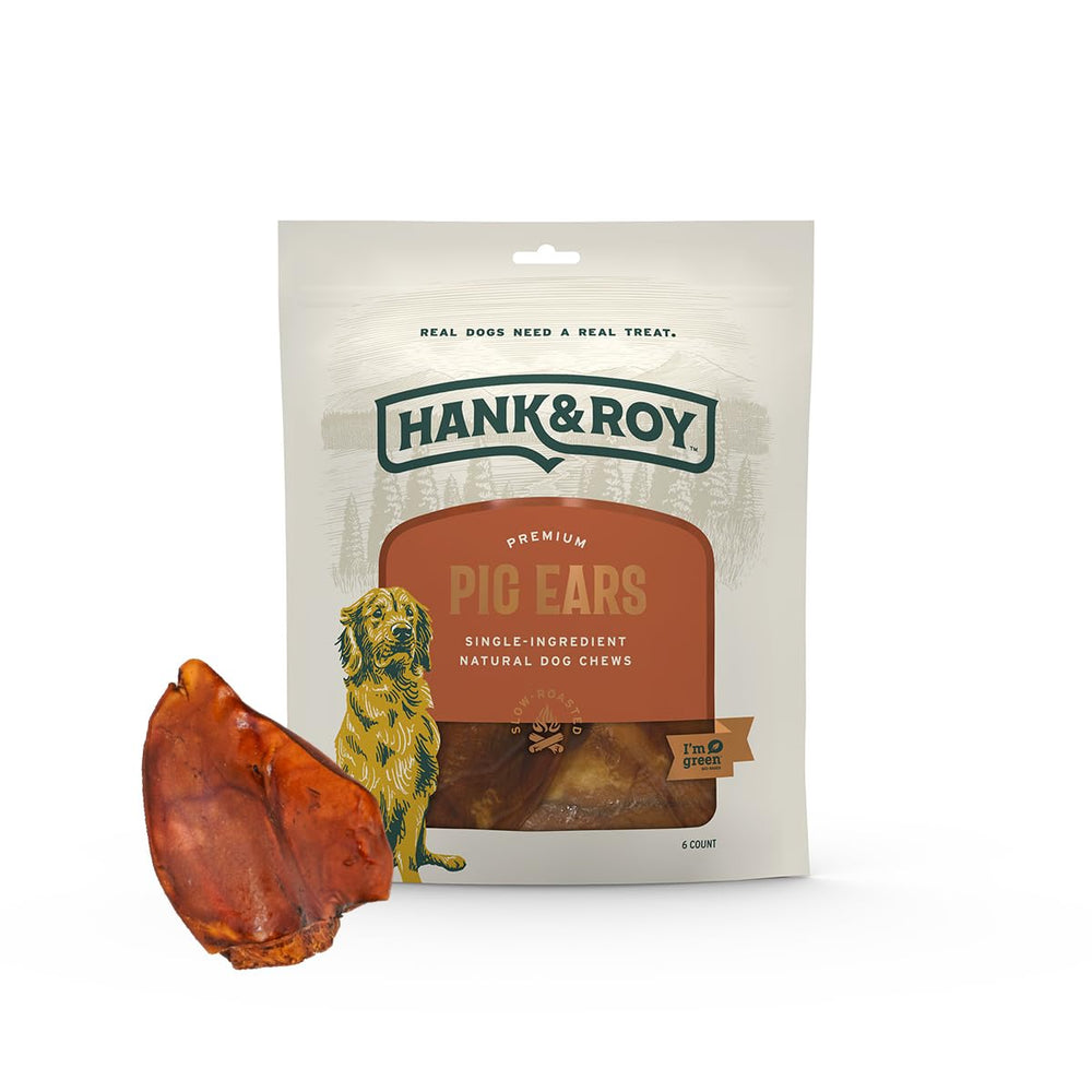 Hank and Roy pig ears in packaging highlight freshness and odor control.