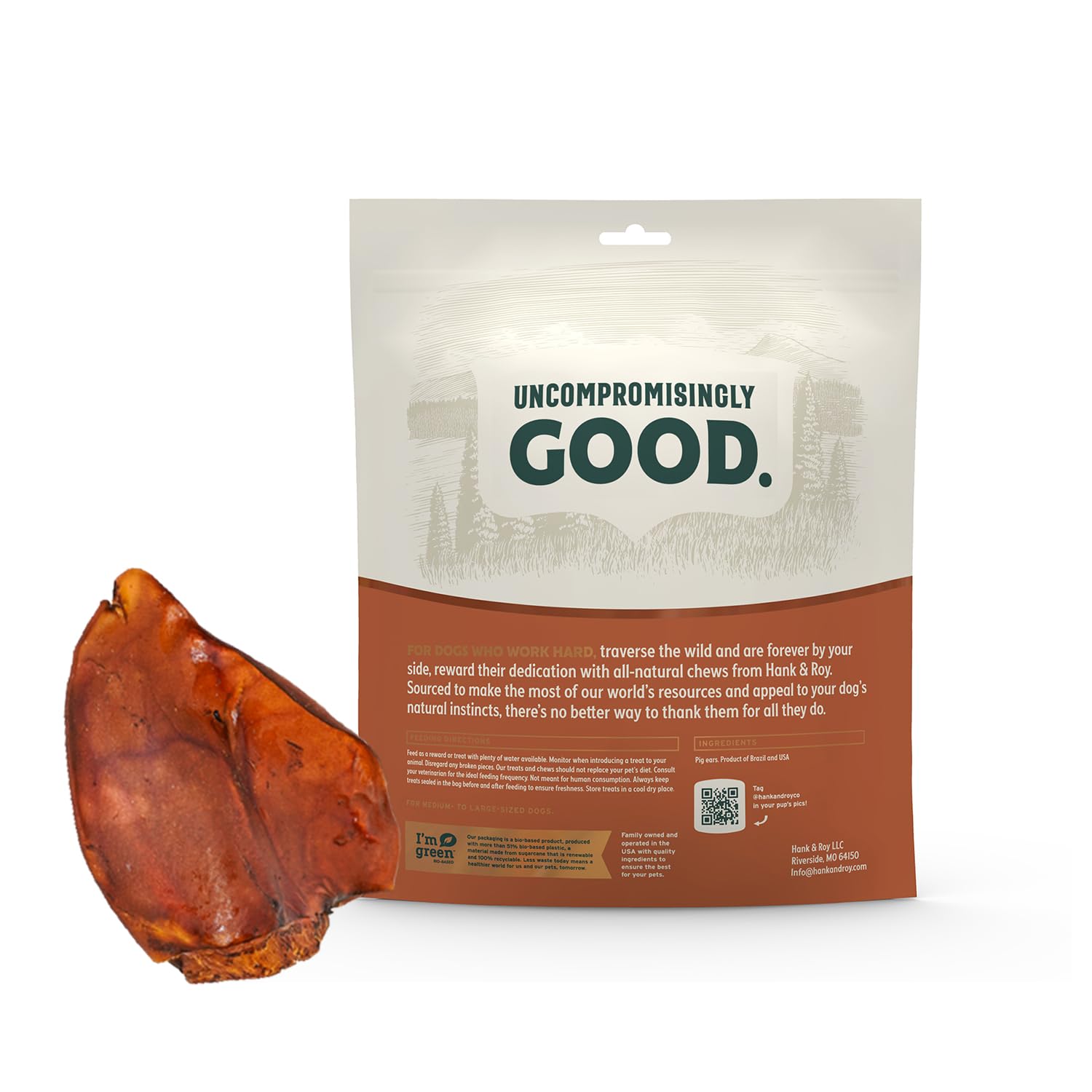 Hank and Roy pig ears single-ingredient treat for dogs, simple nutrition.