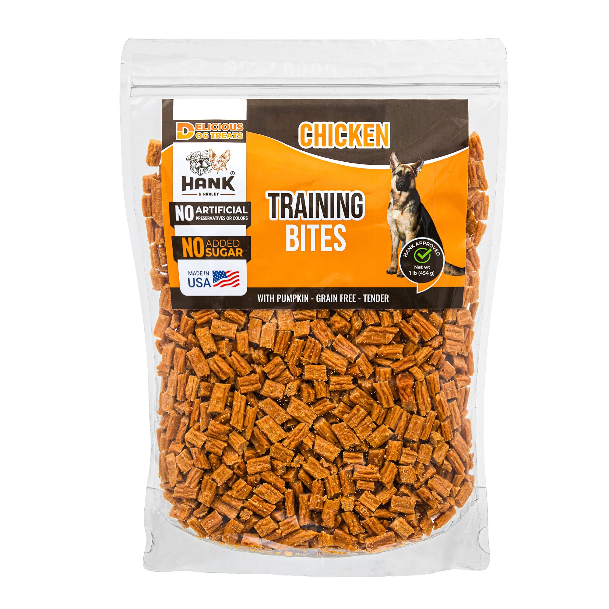 Hank & Harley Training Bites chicken pumpkin treats in bag, ideal for training rewards.