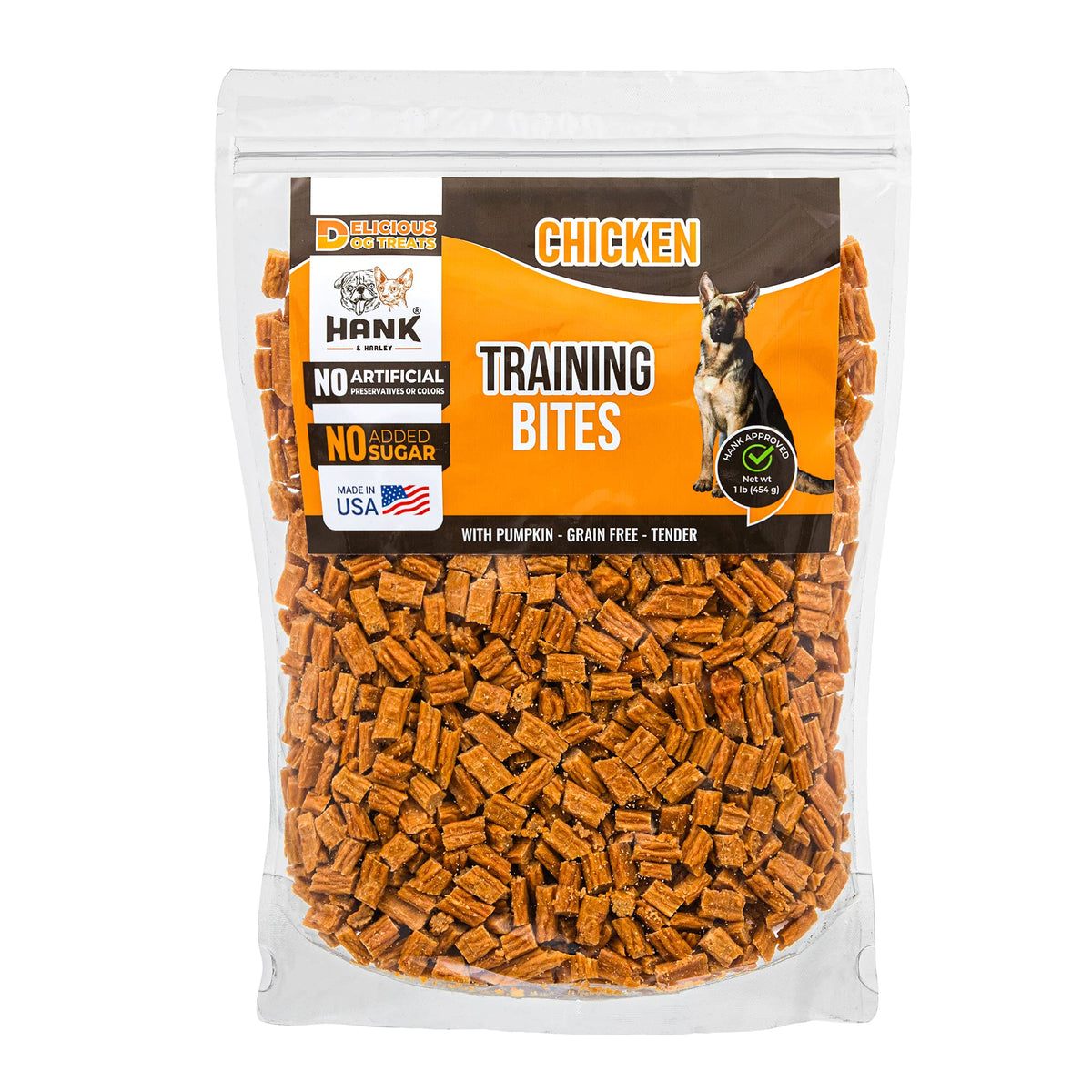Hank & Harley Training Bites chicken pumpkin treats in bag, ideal for training rewards.