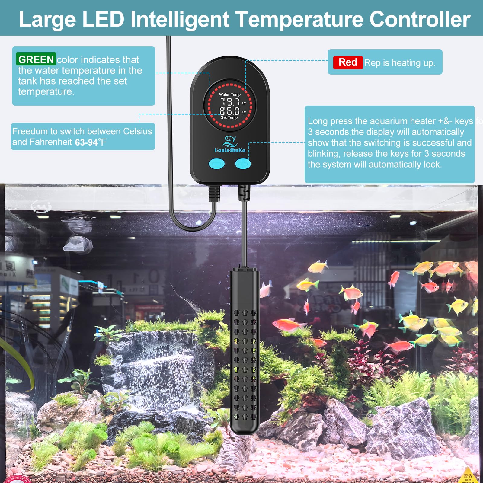 HANLESHUKA 200W heater with seashell guard protecting fish during operation.